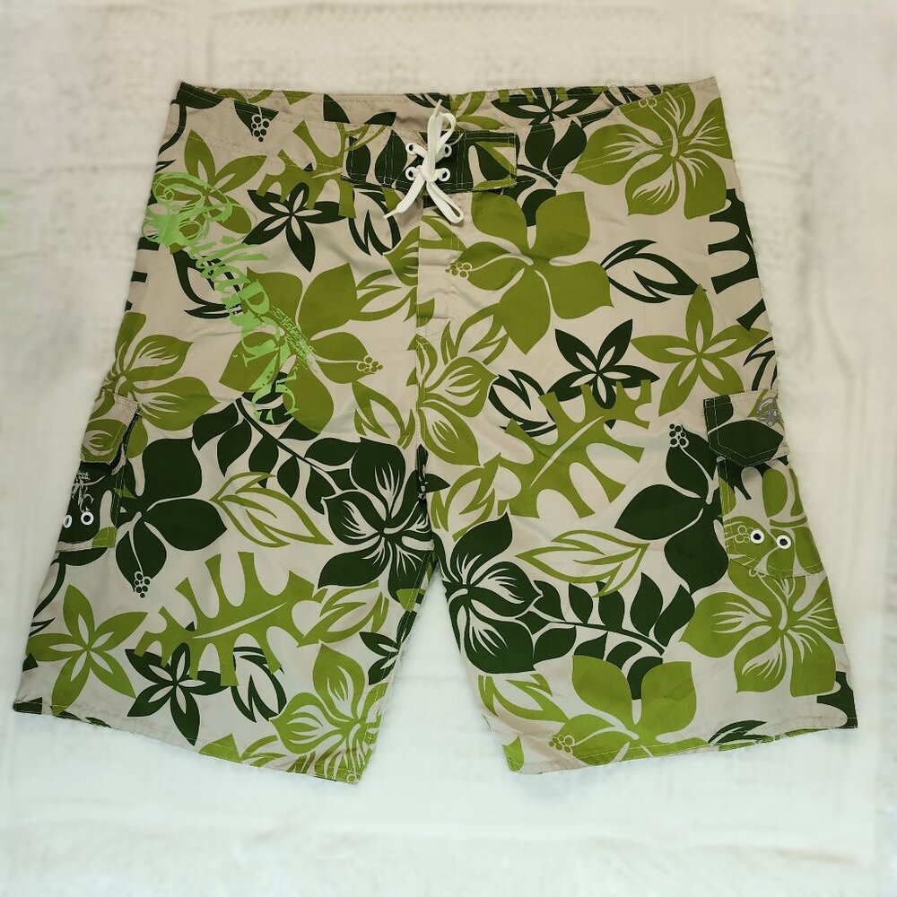 Mens Hawaiian Print Board & Swim Shorts in Green Colours
